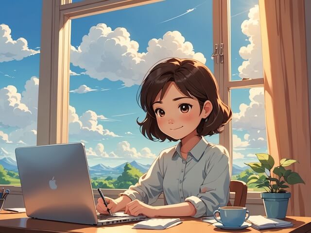 パソコンでAIも使ってブログを書く女性