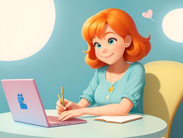 PCでAIを活用しブログを書く笑顔の女性