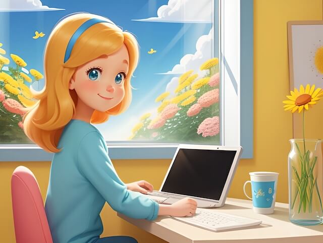 窓辺でAIを使ってブログを書く女性